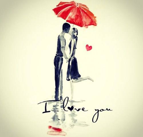 Zakochana para pod czerwonym parasolem ca�uje si�, a u do�u widnieje napis I love you