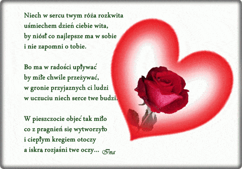 Czerwona r�a na tle serca i wiersz o przyja�ni oraz mi�o�ci