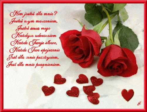 Dwie czerwone r�e, ma�e serduszka oraz romantyczny wiersz o mi�o�ci w czerwonej ramce