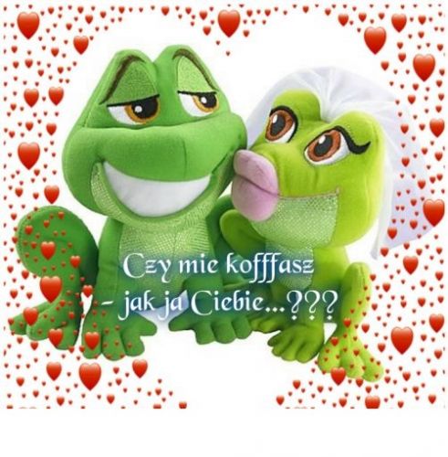 Dwie zielone maskotki �abek w otoczeniu czerwonych serc i z napisem o mi�o�ci