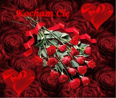 Bukiet czerwonych r�, czerwona wst��ka, dwa serca i napis Kocham Ci� na tle r�