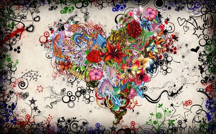 Kolorowe serce utworzone z kwiat�w na tle czarnych abstrakcyjnych wzor�w i ornament�w