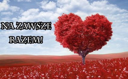Drzewo o czerwonej koronie w kszta�cie serca na ��ce z napisem Na zawsze razem