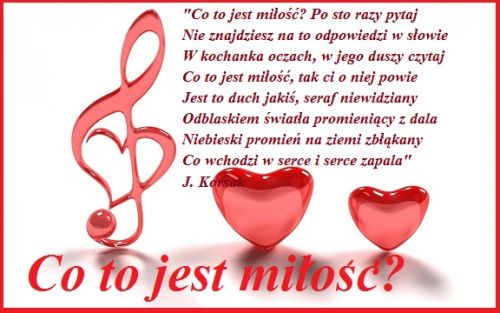 Czerwony klucz wiolinowy z sercem, dwa serca oraz romantyczny wiersz o mi�o�ci