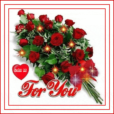 Bukiet czerwonych r� przewi�zany wst��k�, czerwone serce z napisem oraz ozdobny napis For You