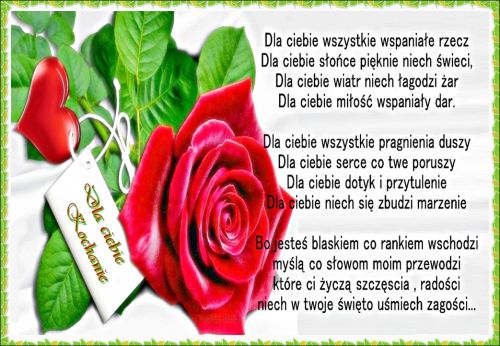 Czerwona r�a, zielone li�cie, czerwone serce i wiersz z napisem Kochanie dla ciebie