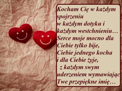 Dwa czerwone u�miechni�te serca na pomi�tym tle oraz romantyczny wiersz o mi�o�ci