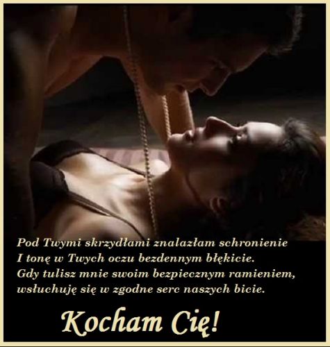 Zakochana para w intymnym zbli�eniu, napis Kocham Ci� oraz romantyczny wiersz o mi�o�ci