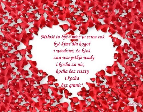 Czerwone płatki róż ułożone w kształt serca z romantycznym wierszem w środku
