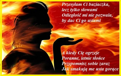 Sylwetka kobiety przesy�aj�ca poca�unek na tle p�omieni z romantycznym wierszem mi�osnym