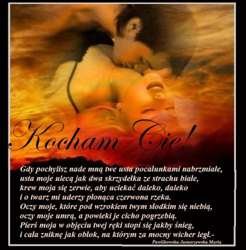 Romantyczna para w nami�tnym u�cisku, napis Kocham Ci� oraz mi�osny wiersz na czarnym tle