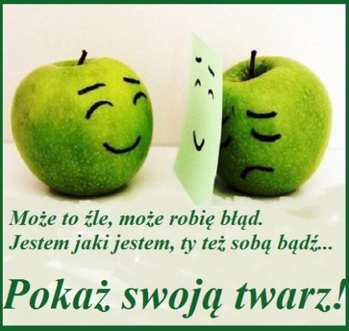 Dwa zielone jabłka z namalowanymi twarzami, jedno smutne z zieloną maską, z napisem Pokaż swoją twarz