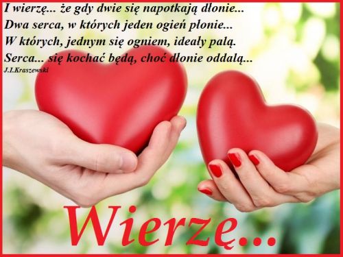 D�onie trzymaj�ce czerwone serca z romantycznym wierszem J.I. Kraszewskiego i napisem Wierz�