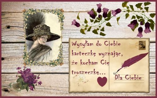 Kobieta w kapeluszu, list z pi�rem, fioletowe kwiaty i serce na drewnianym tle