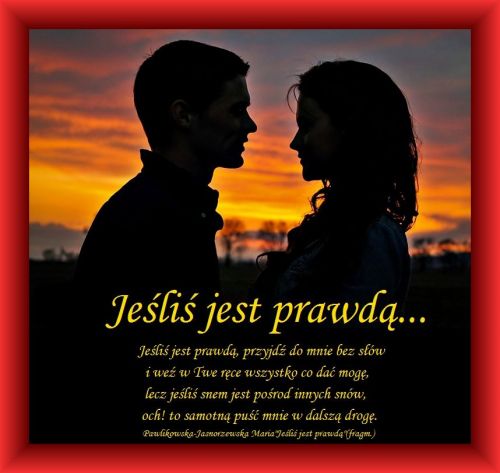 Sylwetki zakochanej pary na tle zachodz�cego s�o�ca i czerwona ramka z wierszem mi�osnym