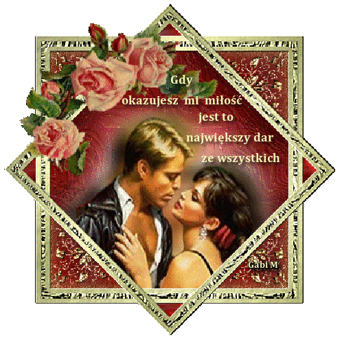 Zakochana para w u�cisku, r�owe r�e i romantyczny napis na czerwonym tle w z�otej ramce