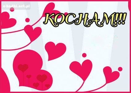 Romantyczny napis KOCHAM z r�owymi sercami na jasnym tle z r�ow� ramk�