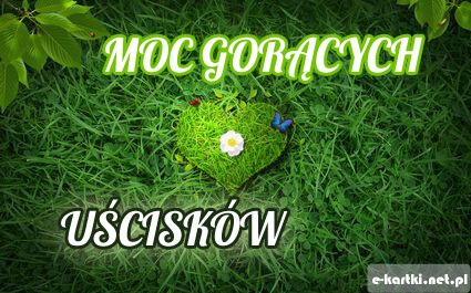 Zielone serce z trawy z bia�� i niebiesk� kwiatow� ozdob� oraz napis MOC GOR�CYCH U�CISK�W