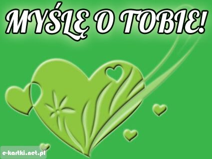 Zielone t�o z sercami, motywem ro�linnym i bia�ym napisem My�l� o tobie