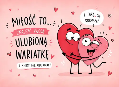 Dwa zakochane serca z r�kami i oczami, napis o mi�o�ci i ma�e serduszka w tle