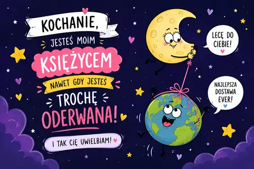 U�miechni�ty ksi�yc trzyma sznurek z Ziemi� na tle gwie�dzistego nieba z napisem mi�osnym