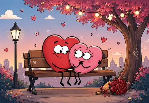 Zakochane postacie w kszta�cie serc siedz� na �awce pod drzewem z lampek i r�ami