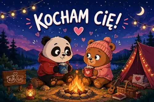 Panda i nied�wied� siedz� przy ognisku pod rozgwie�d�onym niebem, pij�c z kubk�w, nad nimi napis Kocham Ci�