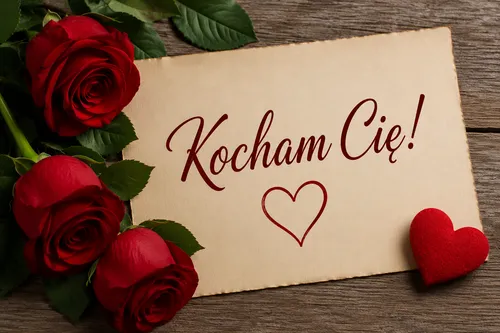 Trzy czerwone r�e i czerwone serce na drewnianym stole z napisem Kocham Ci�