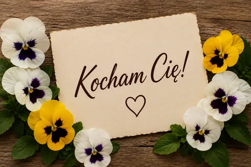 Napis Kocham Ci� z sercem na tle drewnianym otoczony kolorowymi kwiatami bratk�w
