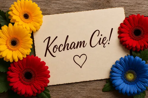 Be�owa karteczka z napisem Kocham Ci� i serduszkiem, otoczona kolorowymi kwiatami gerber na drewnianym tle