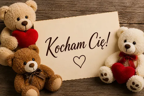 Trzy pluszowe misie trzymaj� czerwone serca wok� papieru z napisem Kocham Ci� na drewnianym tle
