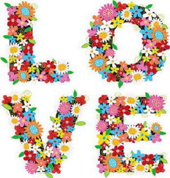 Napis LOVE z kolorowych kwiat�w na bia�ym tle