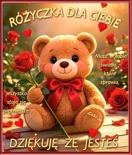Pluszowy mi� z czerwon� kokard� trzyma r�� w otoczeniu czerwonych r� i napis�w