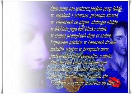Niebieskie t�o z twarz� kobiety, m�czyzn�, r�ami, ustami i romantycznym wierszem mi�osnym