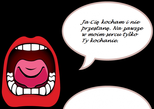Szeroko otwarte czerwone usta z bia�ymi z�bami i dymek z mi�osnym wyznaniem po polsku