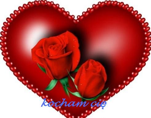 Dwie czerwone r�e na tle wielkiego l�ni�cego serca z napisem Kocham ci�