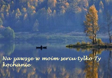 ��d� na jeziorze, jesienny las w tle, z�ote drzewo i napis Na zawsze w moim sercu tylko Ty kochanie