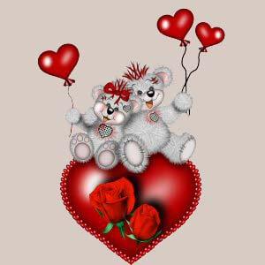 Dwa pluszowe misie siedz�ce na du�ym czerwonym sercu z r�ami, trzymaj�ce baloniki w kszta�cie serc