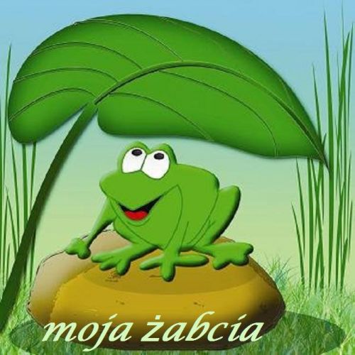 Zielona �abka siedzi na kamieniu pod wielkim li�ciem, z napisem moja �abcia