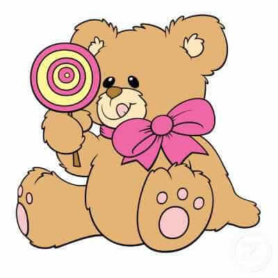 Br�zowy mi� z r�ow� kokard� trzymaj�cy w �apce kolorowy lizak w paski