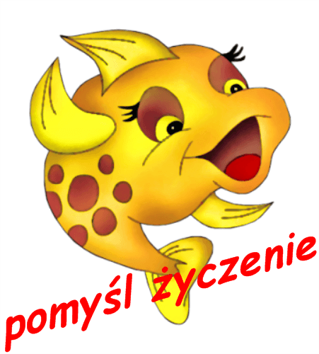 ��ta, nakrapiana rybka z du�ymi oczami i czerwonym napisem pomy�l �yczenie na bia�ym tle