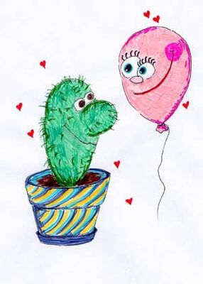 Rysunek przedstawia u�miechni�ty kaktus w doniczce i r�owy balon z oczami otoczone czerwonymi sercami