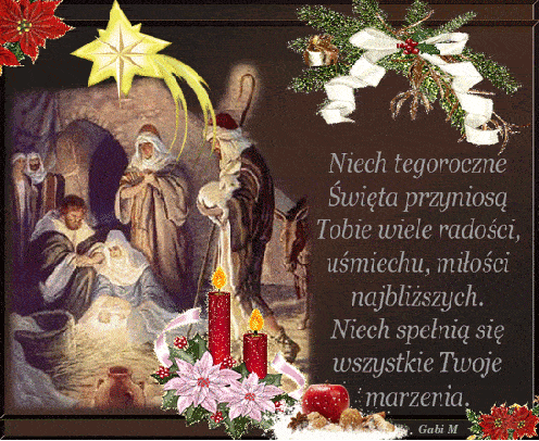 Szopka betlejemska z J�zefem, Maryj� i Dzieci�tkiem, gwiazda betlejemska, �wiece, �yczenia �wi�teczne i dekoracje