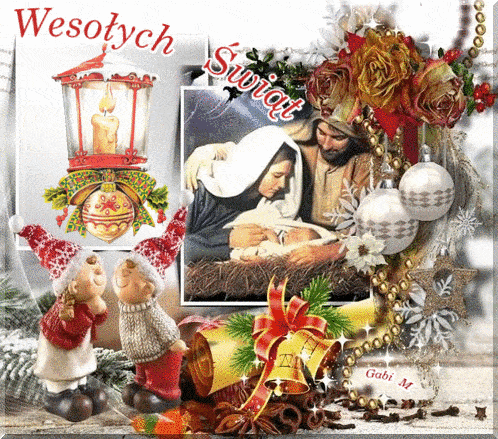 �wi�teczna scena z ���bkiem, latarni�, dwoma krasnalami, r�ami, bombkami oraz napisem Weso�ych �wi�t