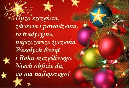 �wi�teczne �yczenia na czerwonym tle z choink�, bombkami i z�otymi gwiazdami