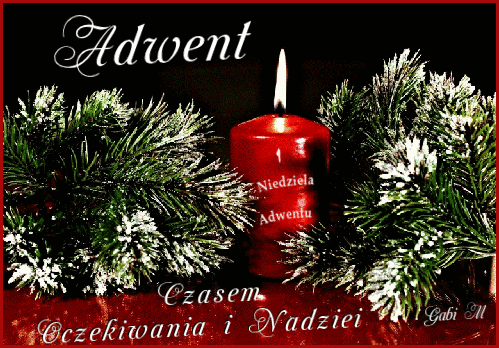Czerwona adwentowa �wieca z p�omieniem otoczona ga��zkami �wierku z napisem Adwent i Czasem Oczekiwania