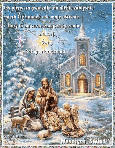 Szopka betlejemska, anio�, o�nie�ony ko�ci�, �yczenia bo�onarodzeniowe i �wiec�ca gwiazda na zimowym tle