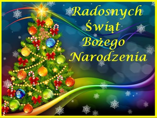 Choinka z bombkami, gwiazd� i napisem Radosnych �wi�t Bo�ego Narodzenia na niebieskim tle