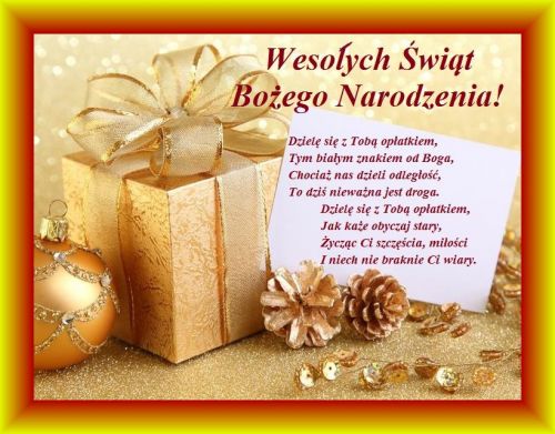 Z�oty prezent z kokard�, bombka, szyszki, �yczenia �wi�teczne i napis Weso�ych �wi�t Bo�ego Narodzenia