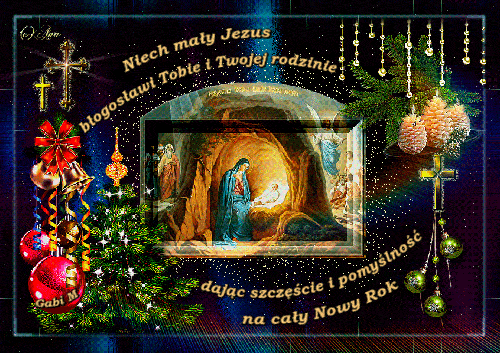 ���bek z Dzieci�tkiem Jezus, choinka, bombki i �wi�teczne �yczenia w Nowym Roku